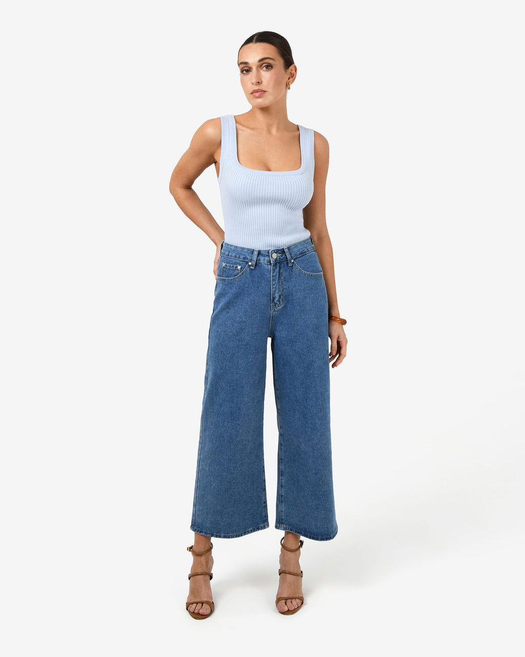 Ella Square Neck Rib Knit in sky blue — full-length view