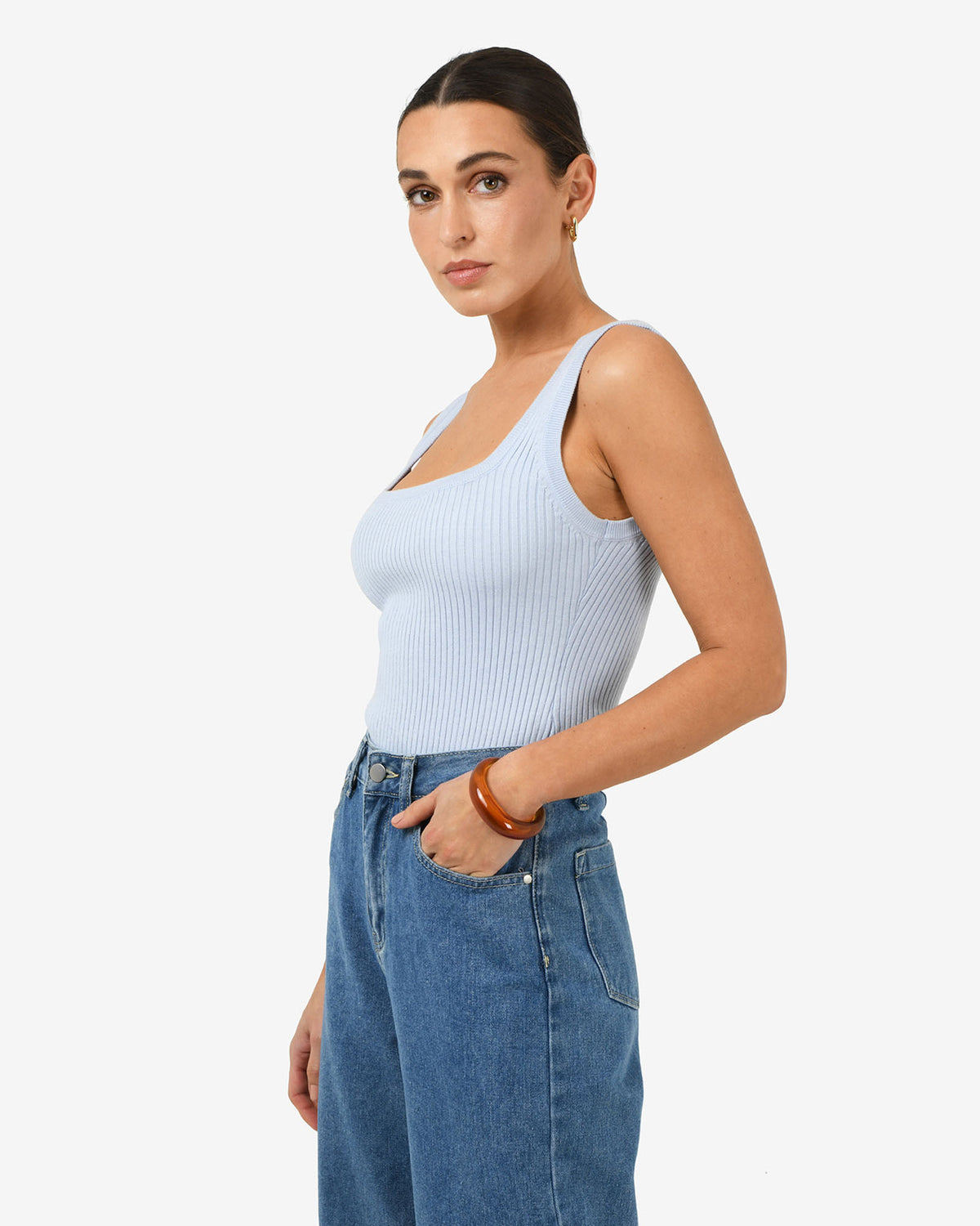 Ella Square Neck Rib Knit in sky blue — side view