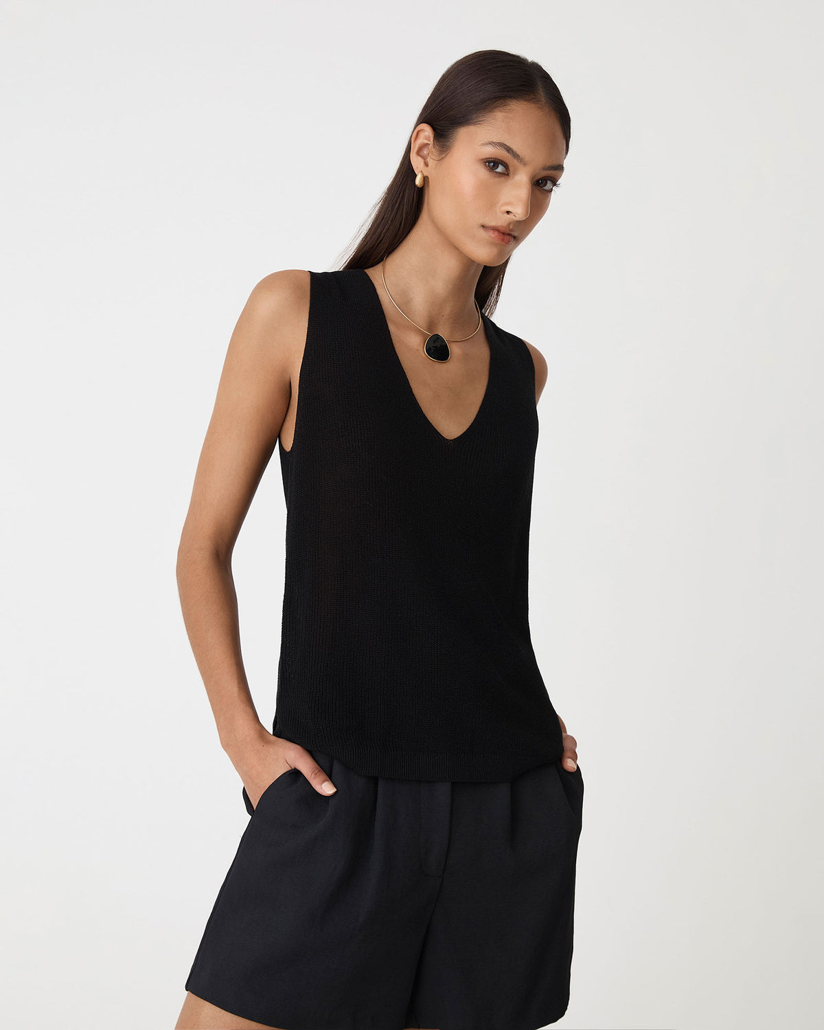 Jillian Lyocell Blend Tank in black — close-up view