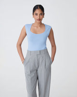 Kingsley Knit Top in chambray blue — close-up view