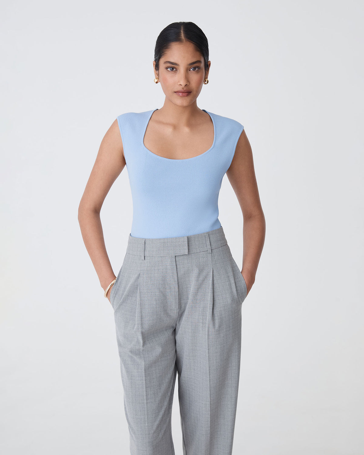 Kingsley Knit Top in chambray blue — close-up view
