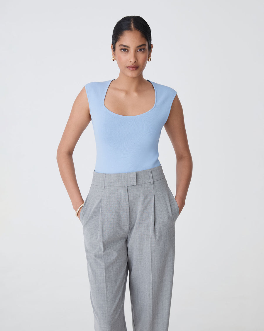 Kingsley Knit Top in chambray blue — close-up view