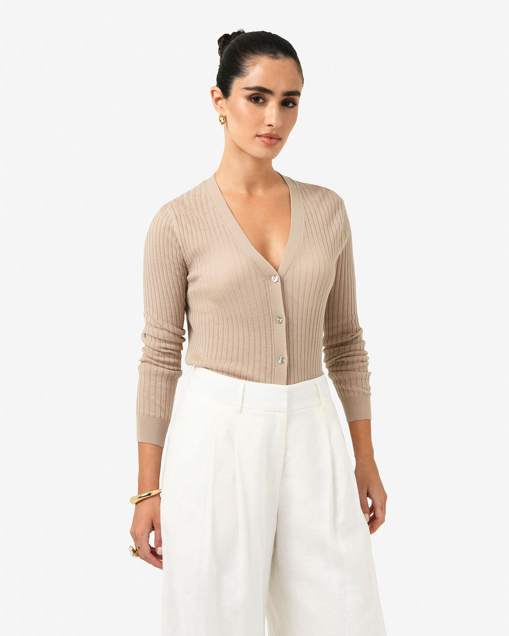 Adison V-Neck Cardigan in beige — close-up view 2