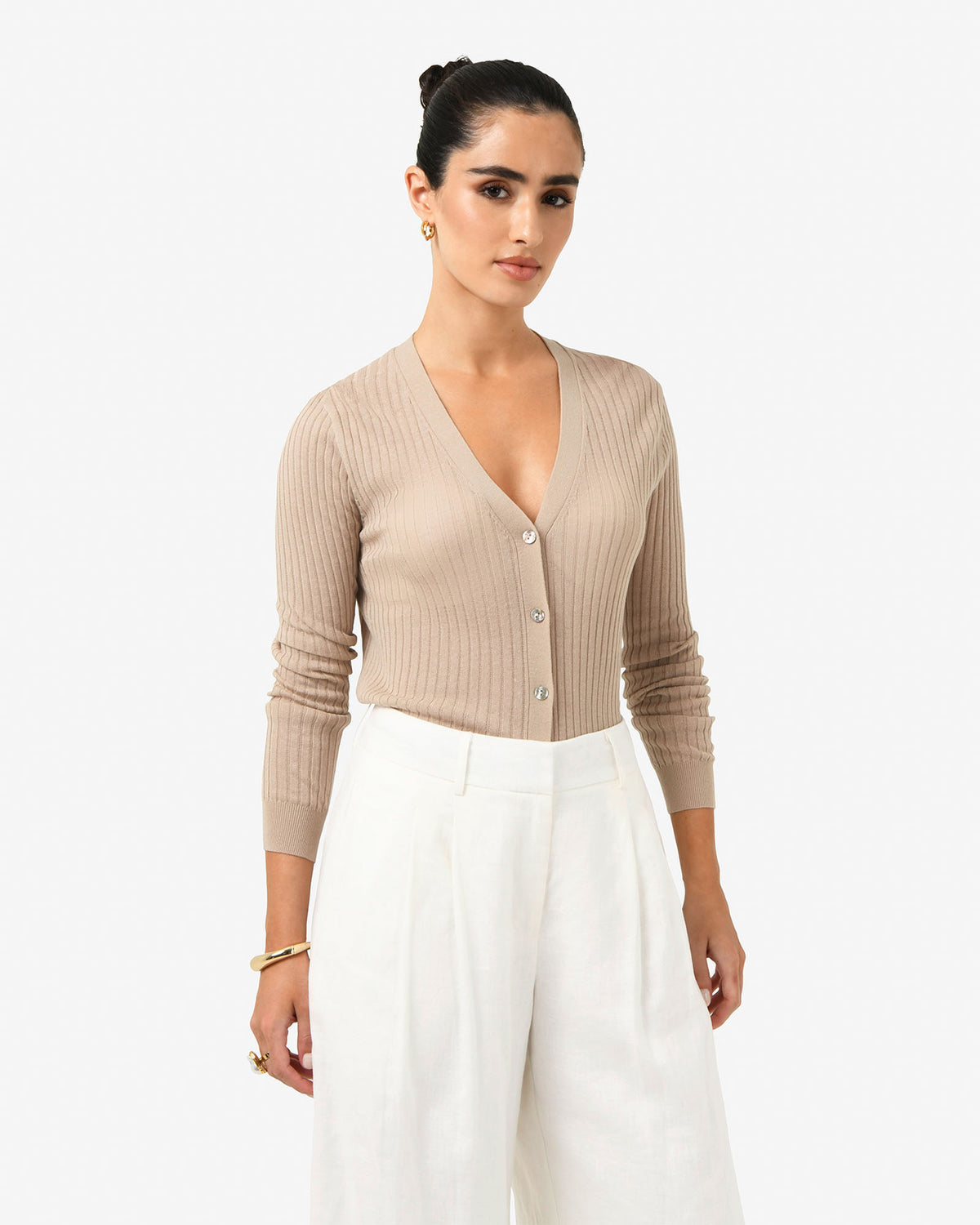 Adison V-Neck Cardigan in beige — close-up view 2