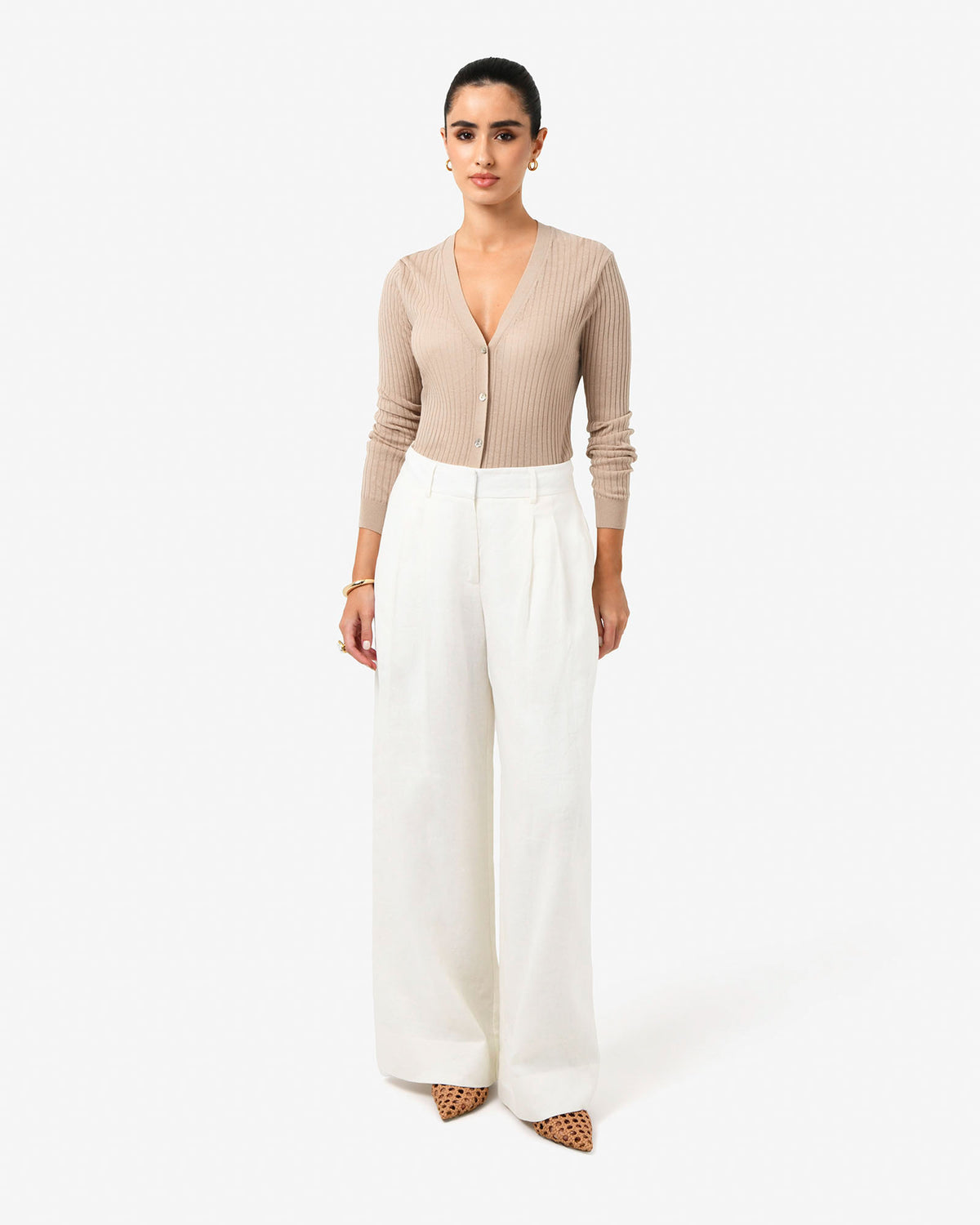 Adison V-Neck Cardigan in beige — full-length view