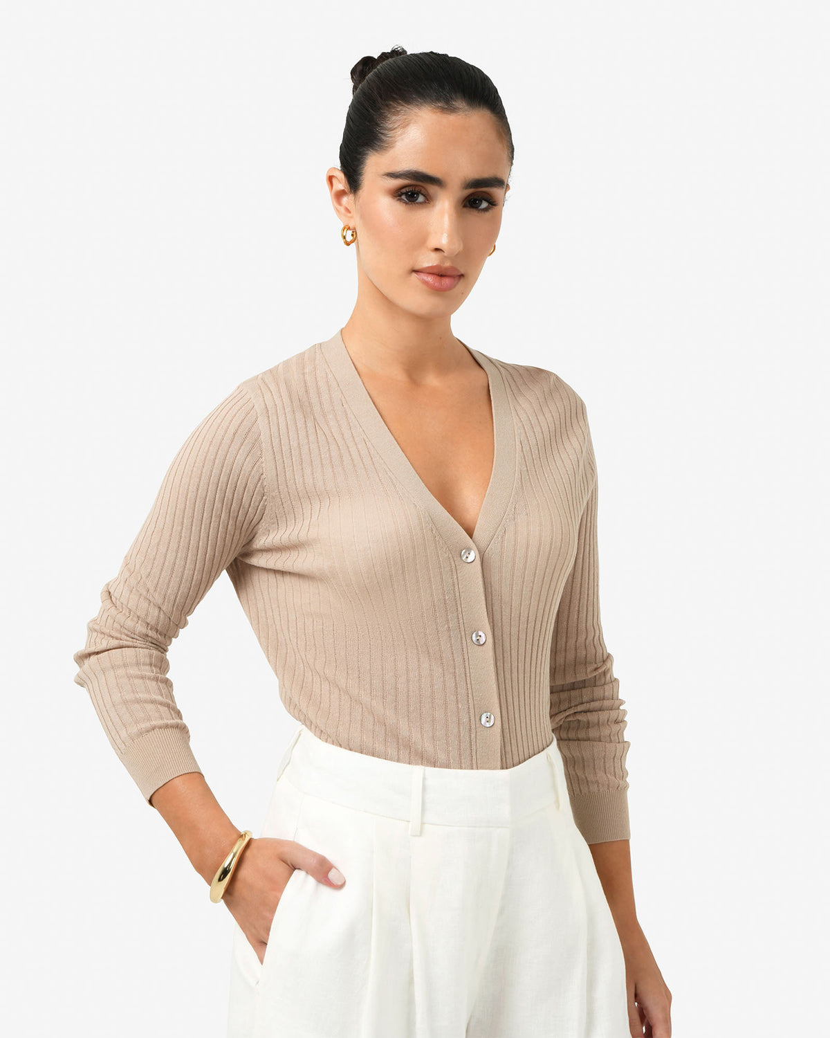 Adison V-Neck Cardigan in beige — side view