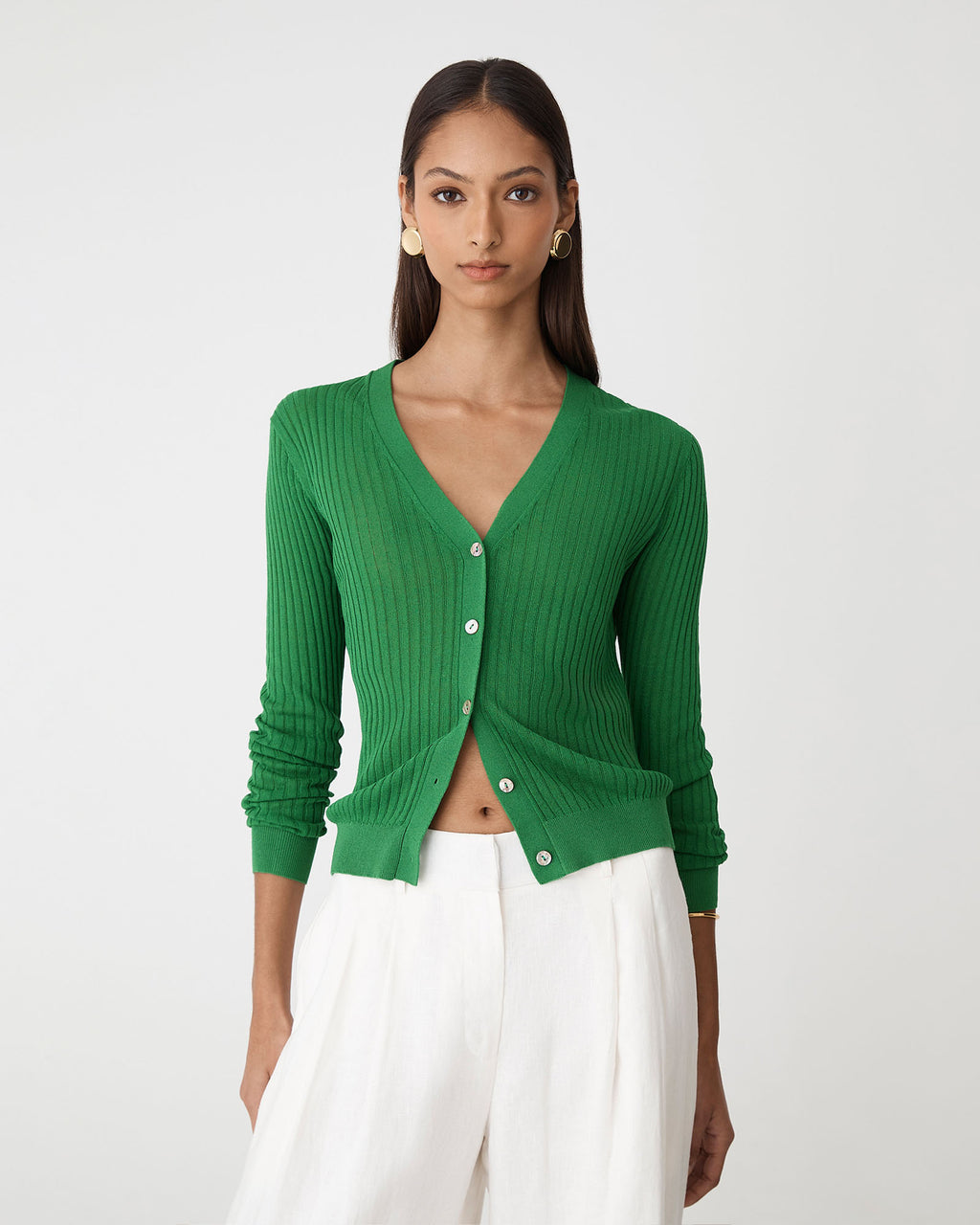 Adison V-Neck Cardigan in emerald — close-up view