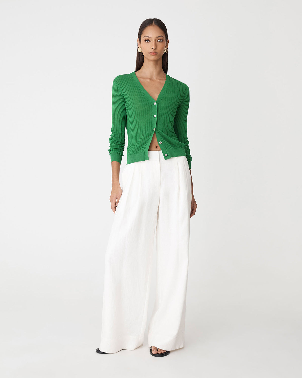 Adison V-Neck Cardigan in emerald — full-length view