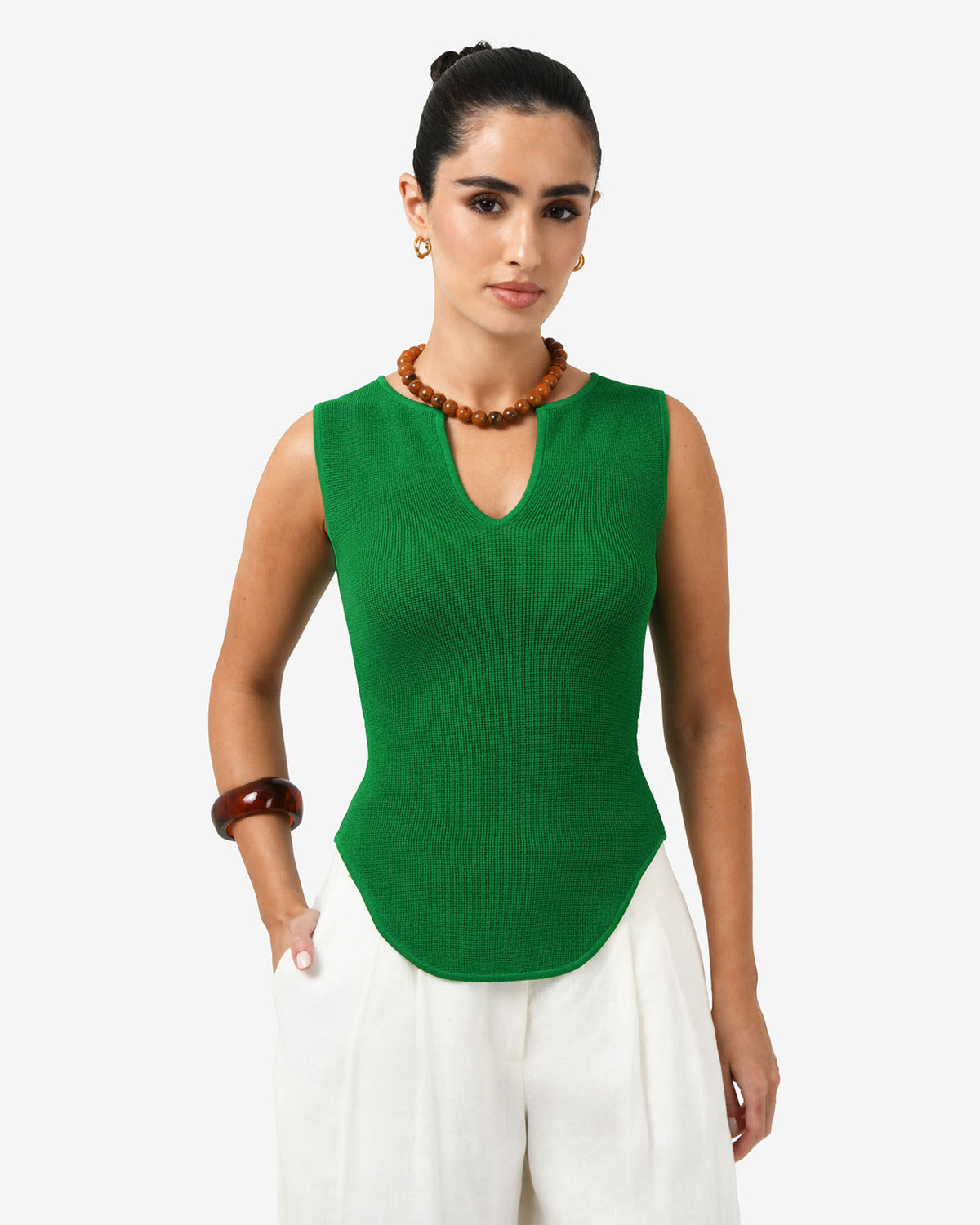Noemi Split Neck Tank in emerald — close-up view