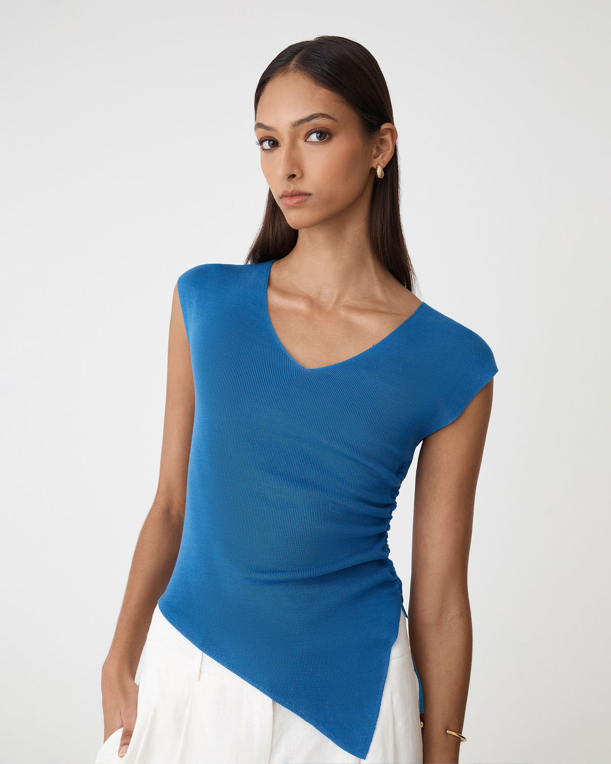 Galina Ruched Lyocell Knit in cobalt — close-up view