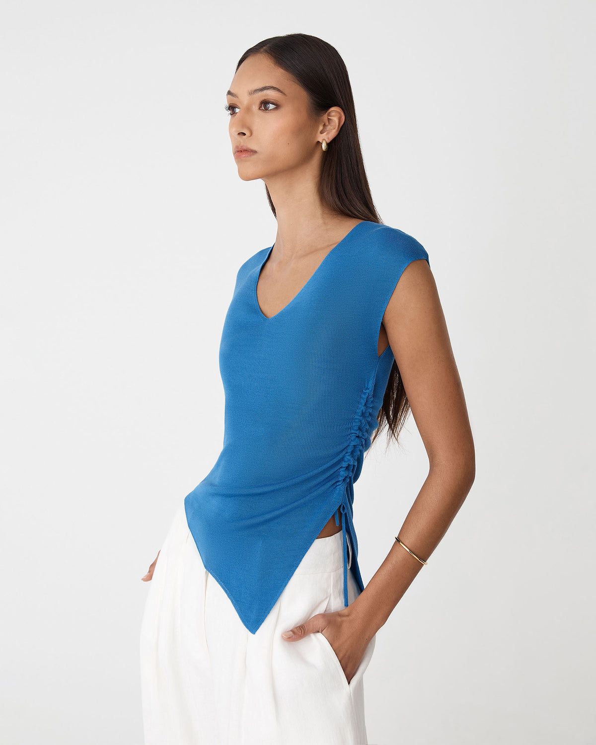 Galina Ruched Lyocell Knit in cobalt — side view
