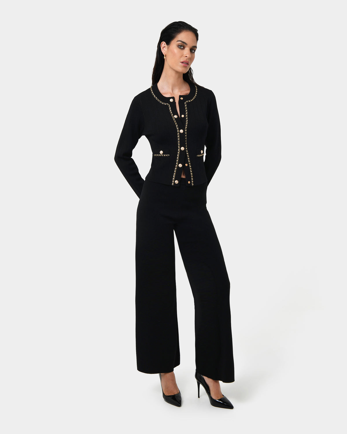 Brianna Wide Leg Knit Pants in black — full-length view