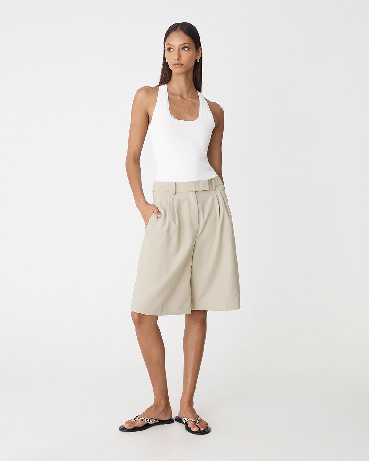 Sonique Tailored Short in sand — full-length view 2