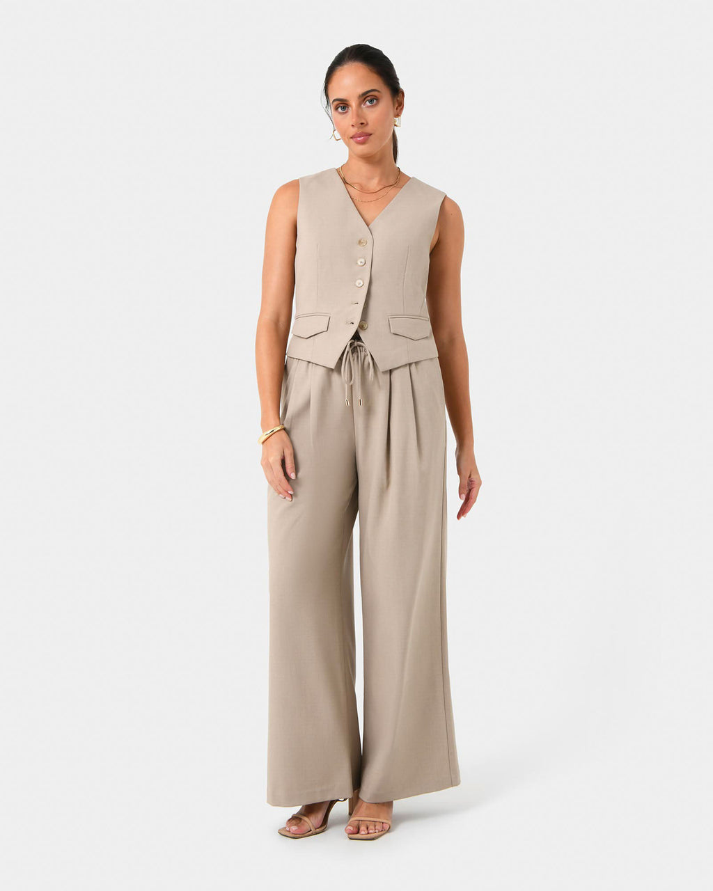 Abel Elastic Waist Relax Pants in sand — full-length view