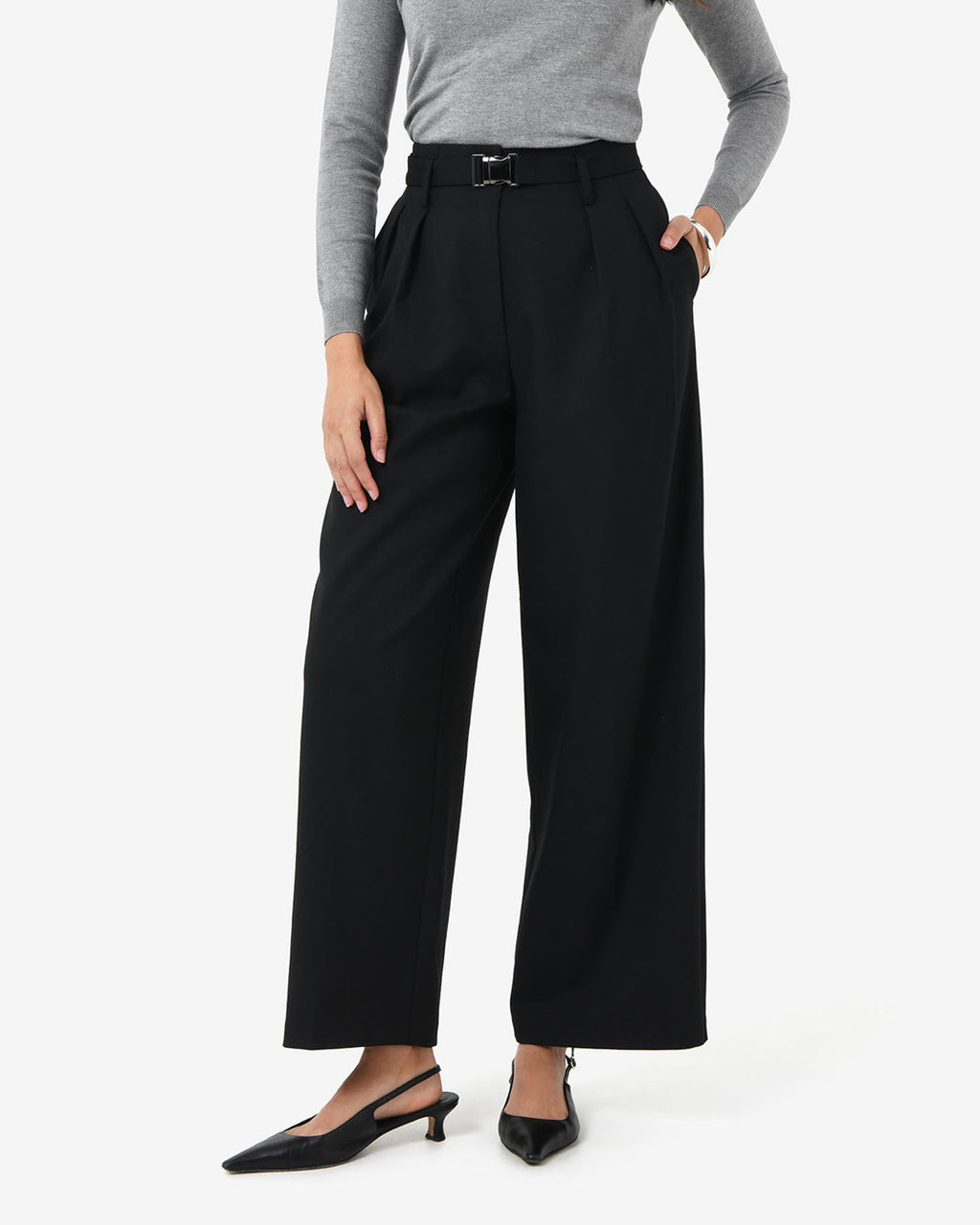 Nadia Buckle Wide Leg Pants in black — close-up view