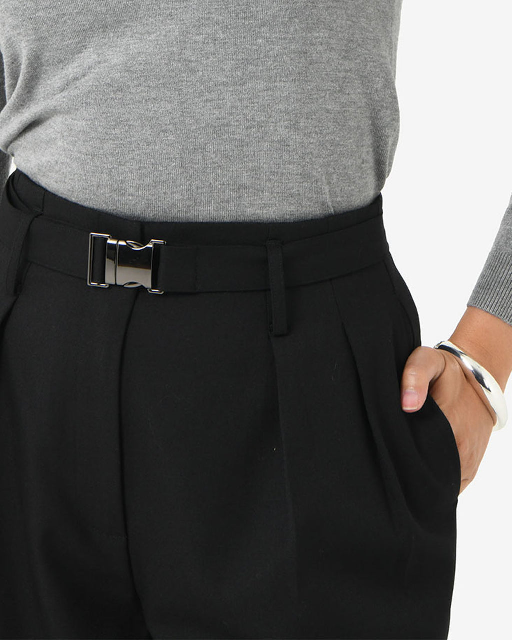 Nadia Buckle Wide Leg Pants in black — fabric detail