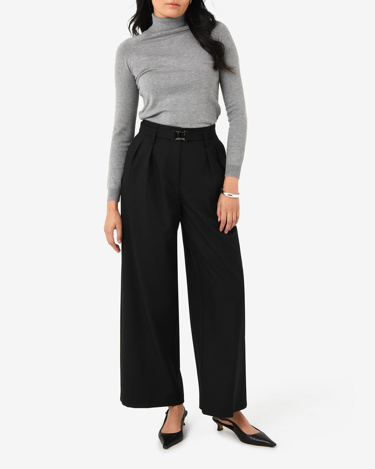 Nadia Buckle Wide Leg Pants in black — full-length view
