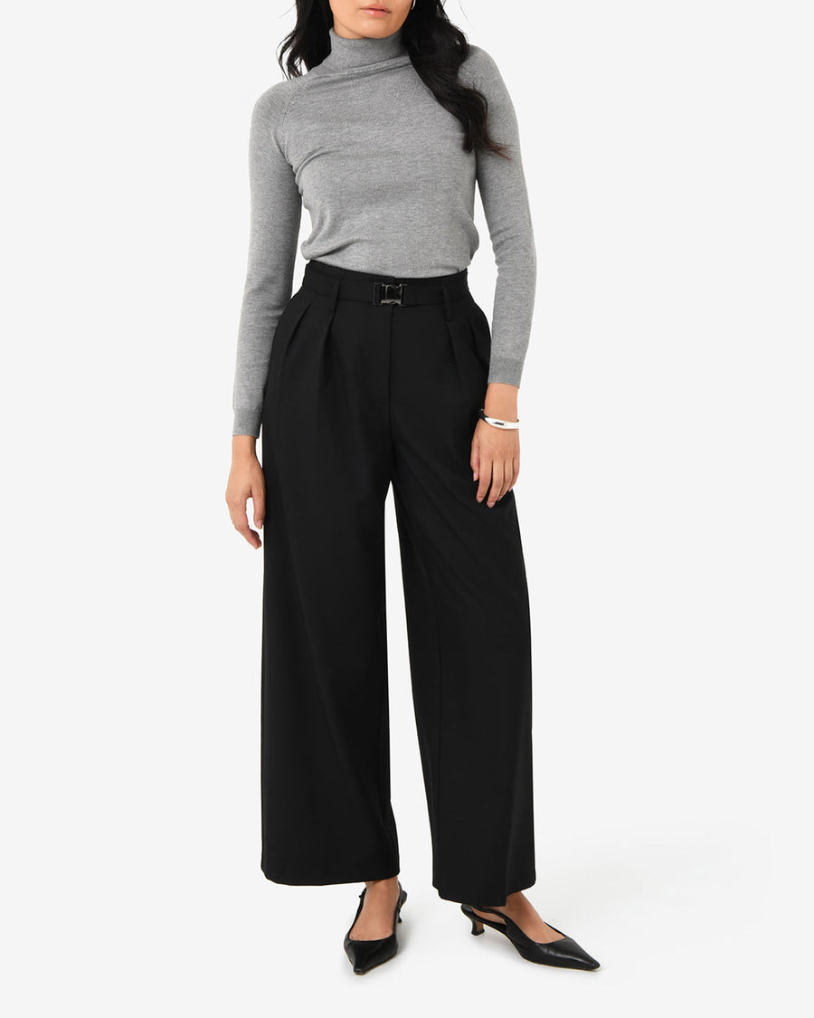 Nadia Buckle Wide Leg Pants in black — full-length view