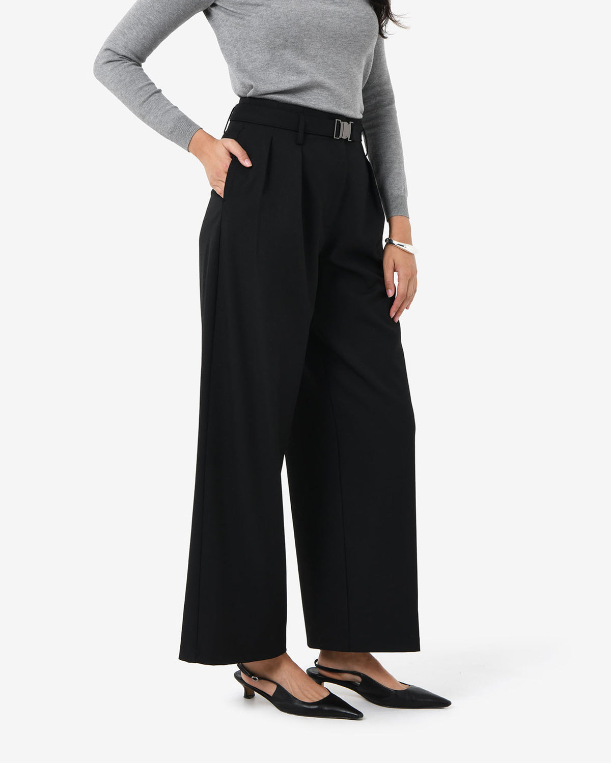 Nadia Buckle Wide Leg Pants in black — side view