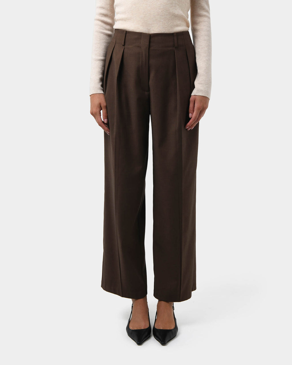Milan Adjustable Waist Pants in chocolate — close-up view