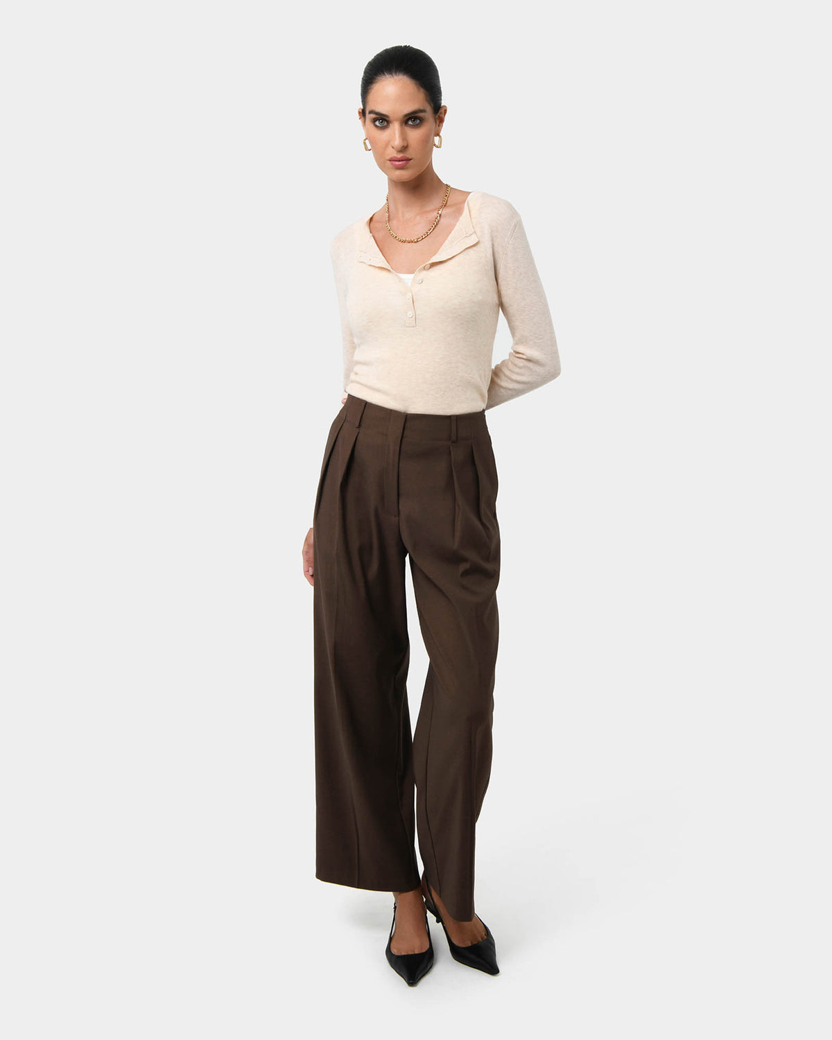 Milan Adjustable Waist Pants in chocolate — full-length view