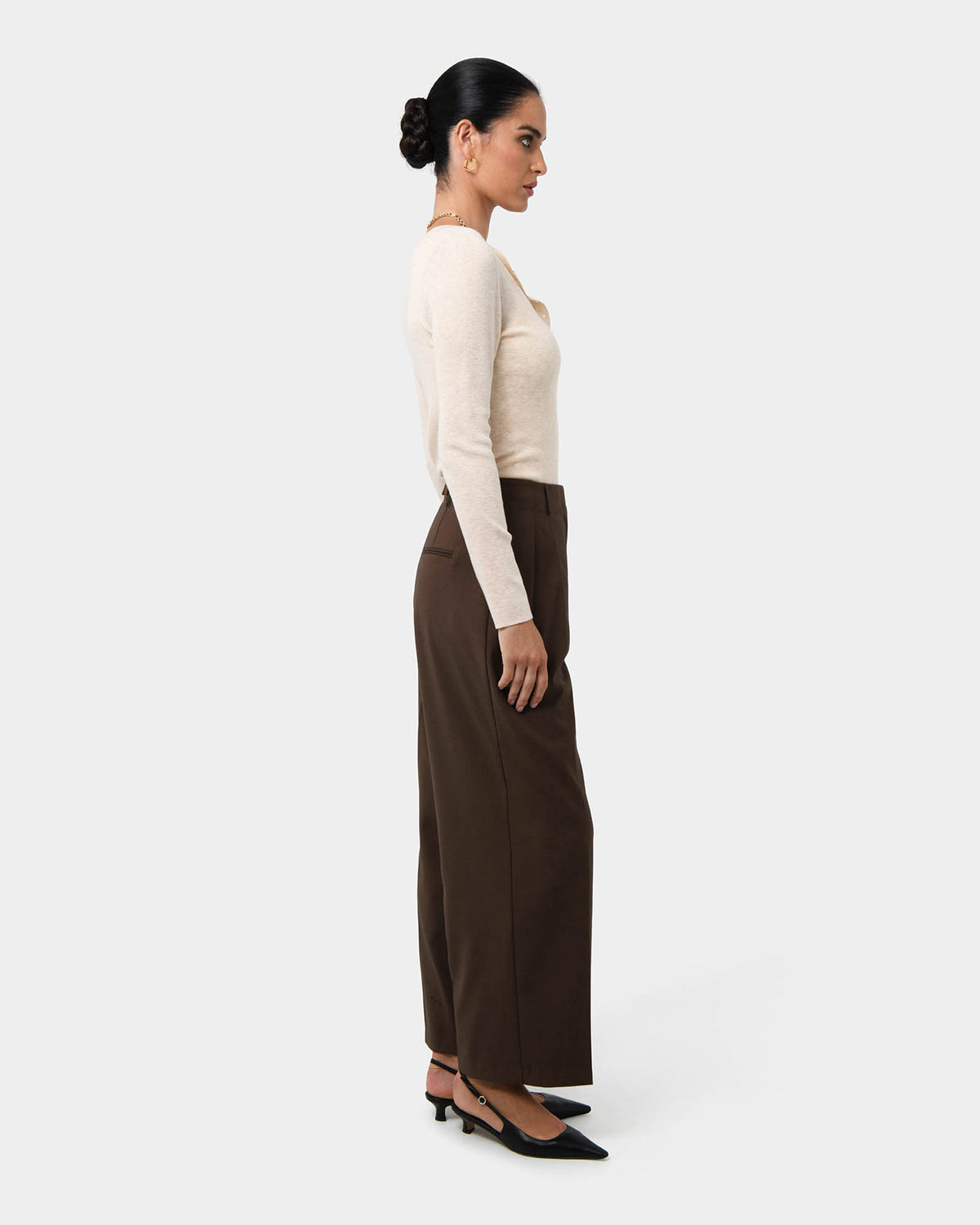 Milan Adjustable Waist Pants in chocolate — side view