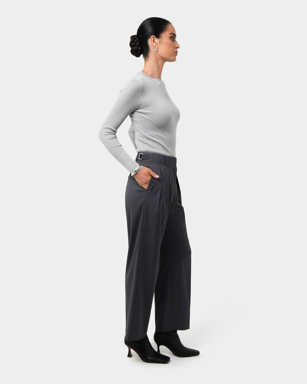 Milan Adjustable Waist Pants in grey — side view