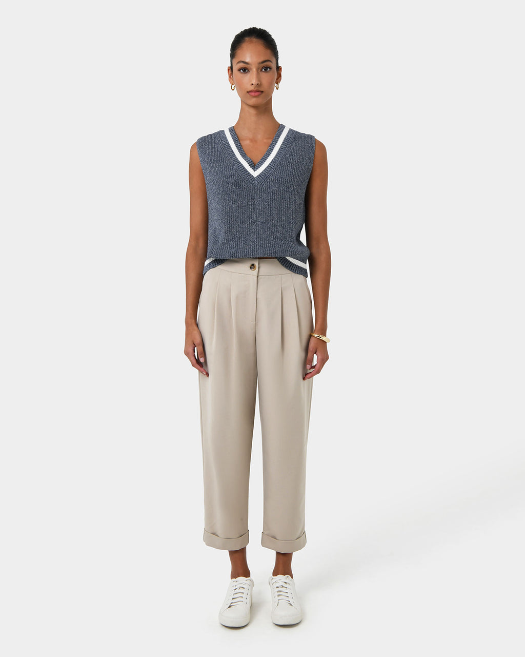 Antonia Relaxed Cuff Pants in beige — full-length view