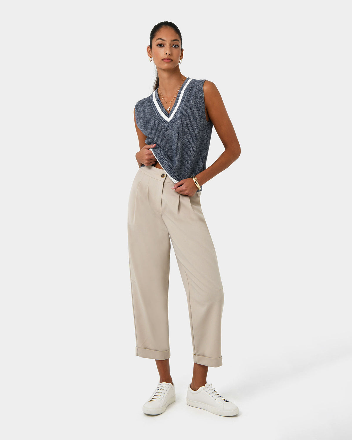 Antonia Relaxed Cuff Pants in beige — full-length view 2
