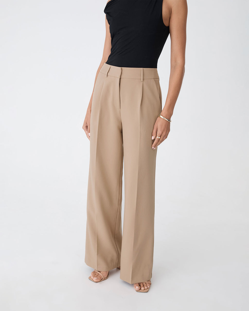 Nikki Tailored Pants in warm taupe — close-up view