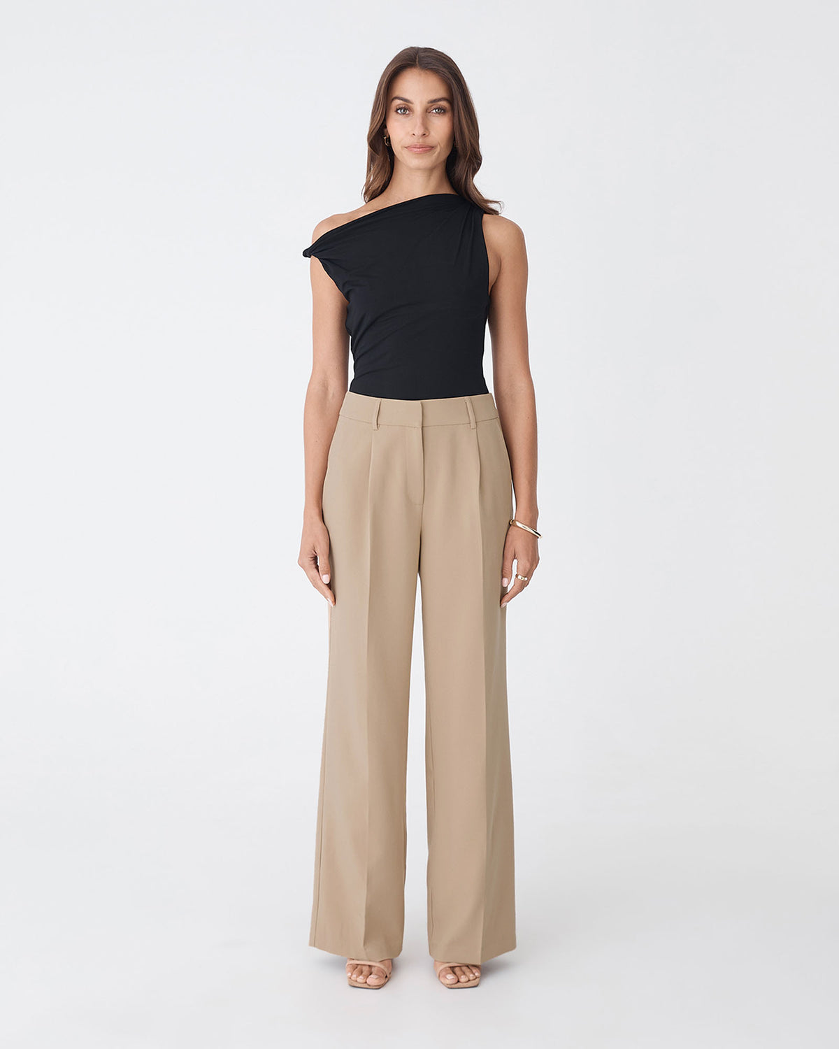 Nikki Tailored Pants in warm taupe — full-length view