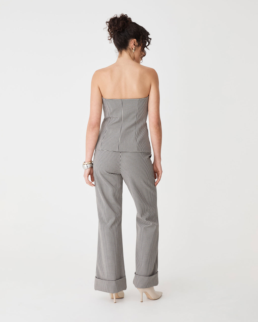 Flynn Wide Leg Cuff Pants in beige check — back view