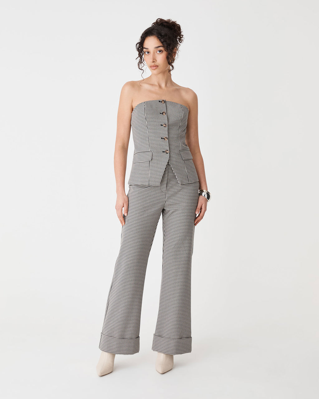 Flynn Wide Leg Cuff Pants in beige check — full-length view