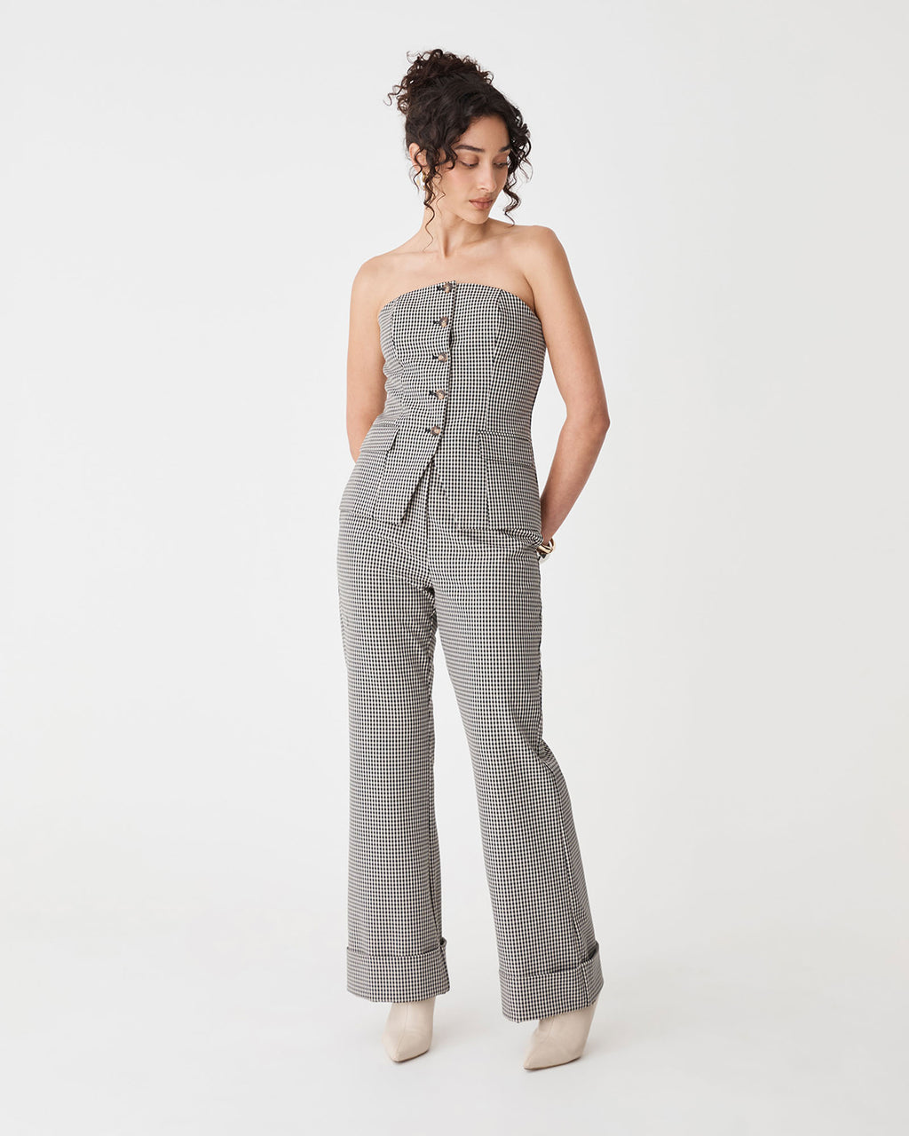 Flynn Wide Leg Cuff Pants in beige check — full-length view 2