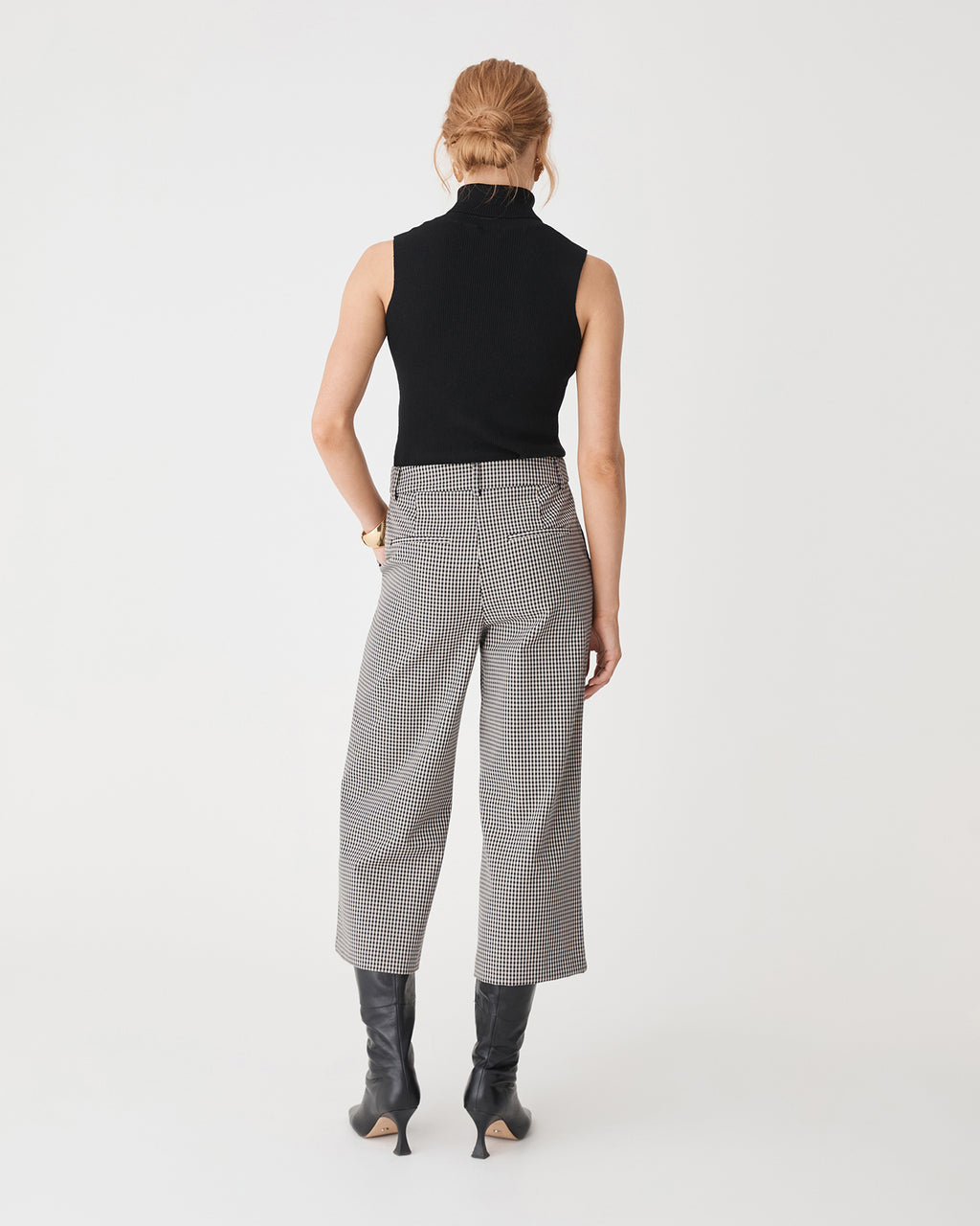 Flynn Wide Leg Culottes in beige check — back view