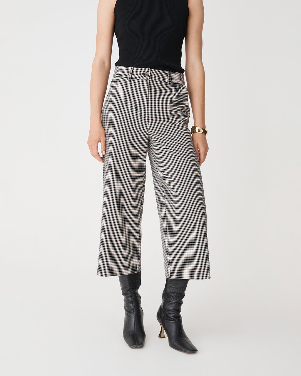 Flynn Wide Leg Culottes in beige check — close-up view