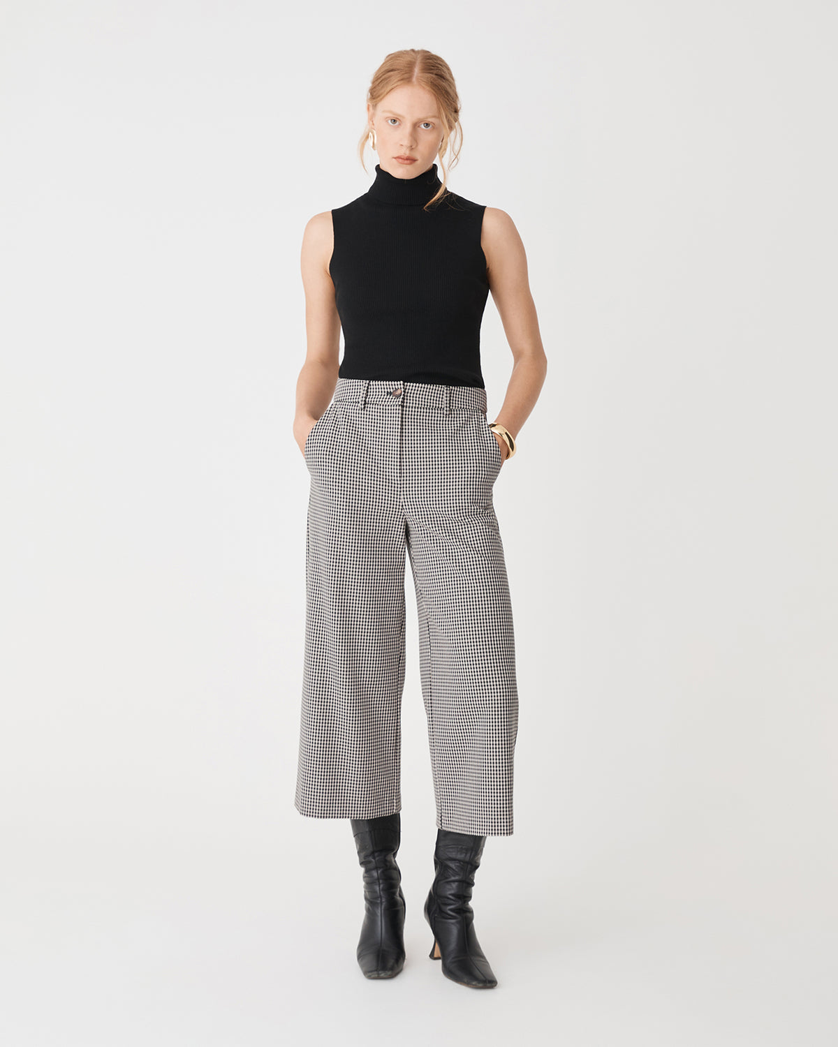 Flynn Wide Leg Culottes in beige check — full-length view