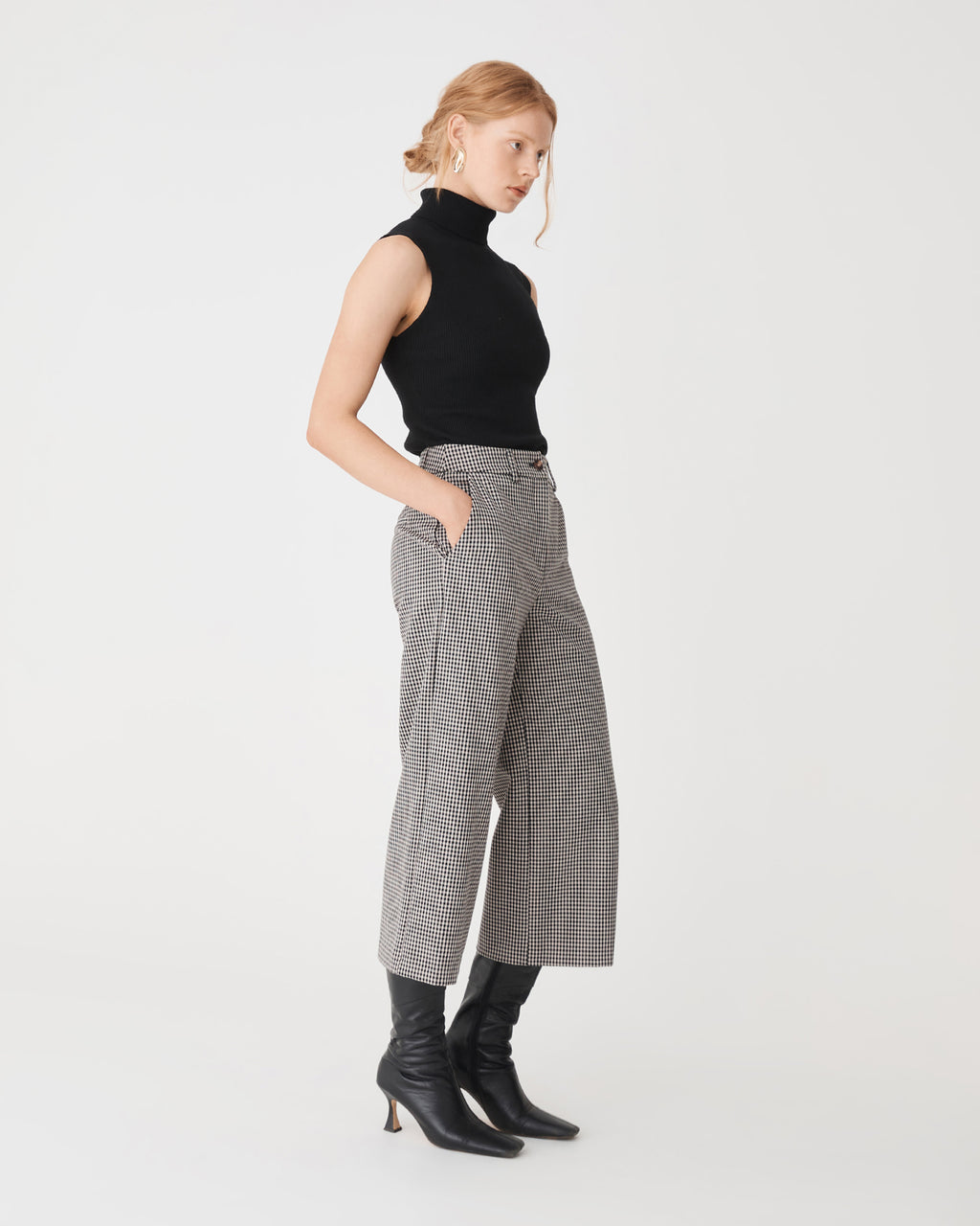 Flynn Wide Leg Culottes in beige check — side view