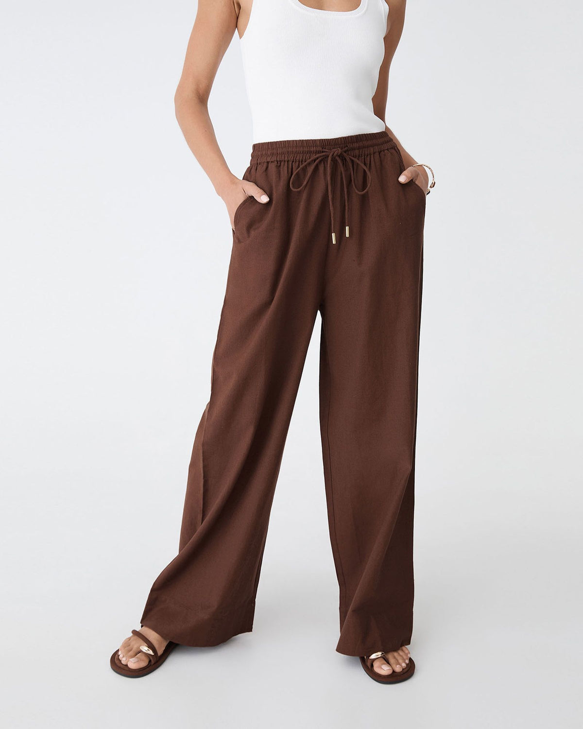 Bronte Cotton Drawstring Pants in chocolate — close-up view