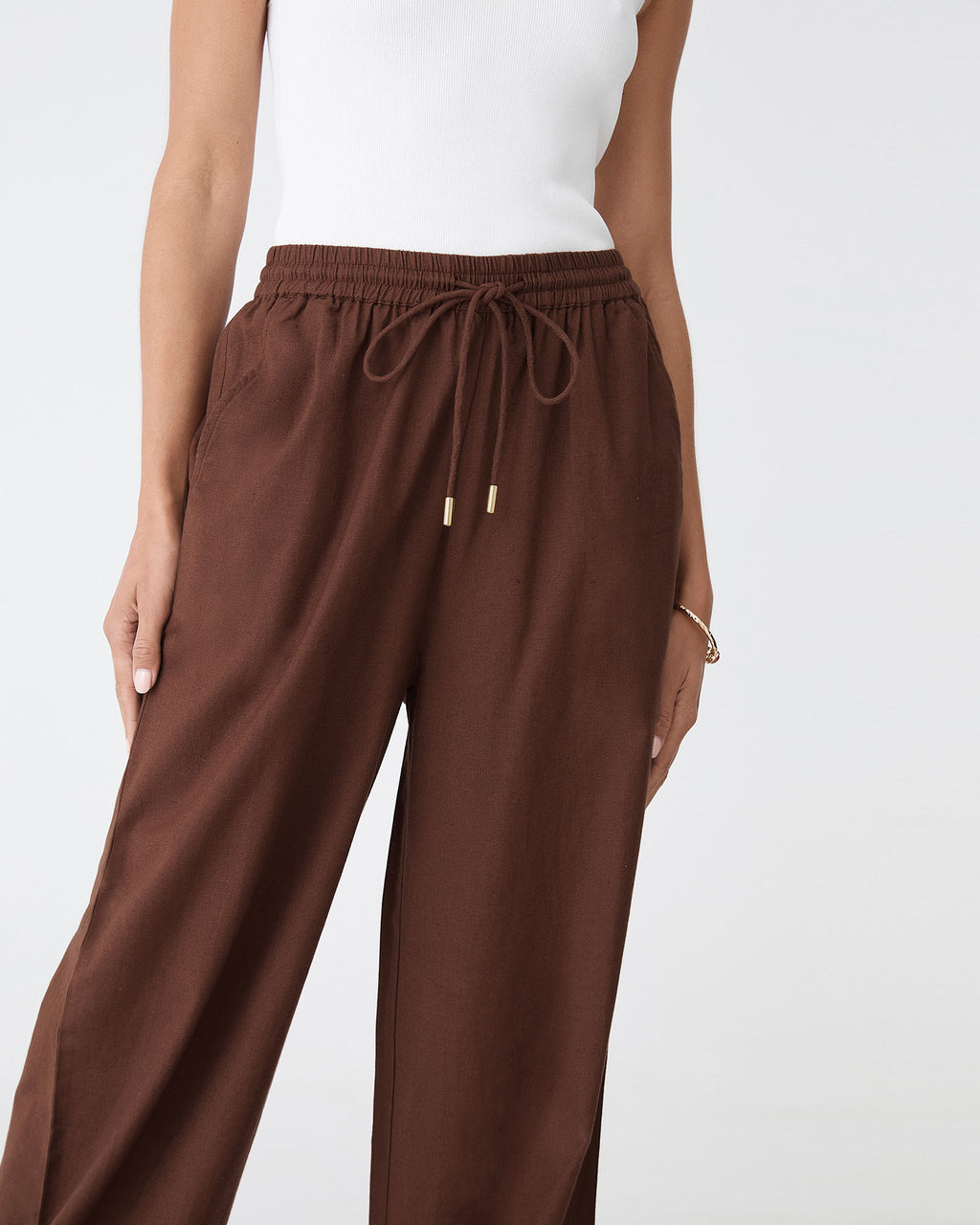 Bronte Cotton Drawstring Pants in chocolate — fabric detail