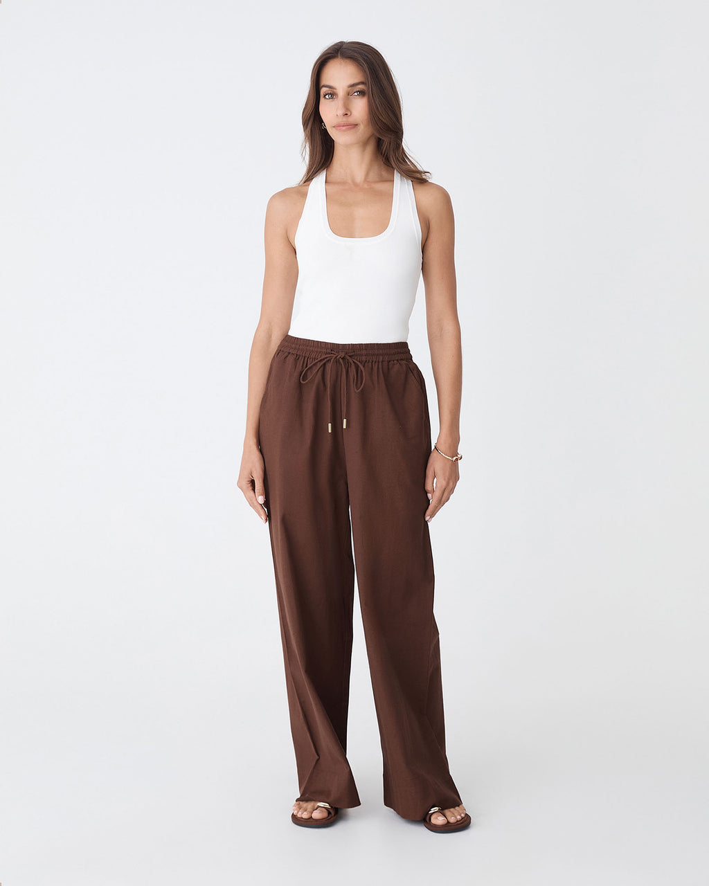 Bronte Cotton Drawstring Pants in chocolate — full-length view