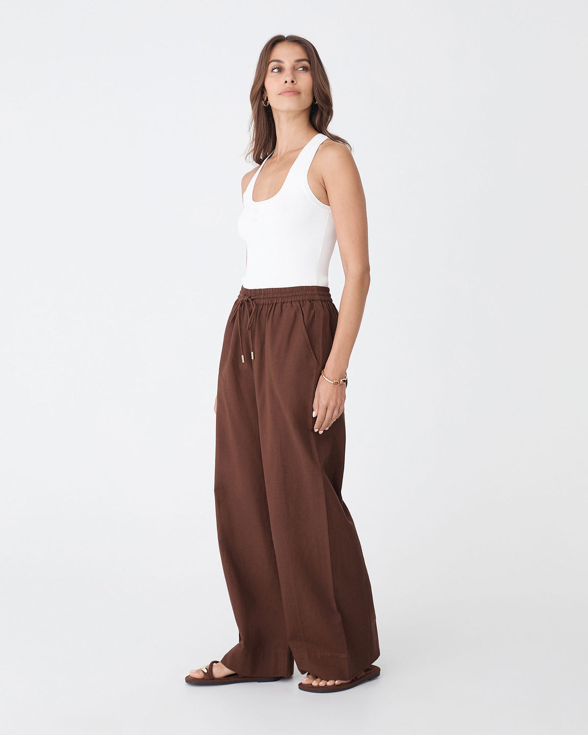 Bronte Cotton Drawstring Pants in chocolate — side view