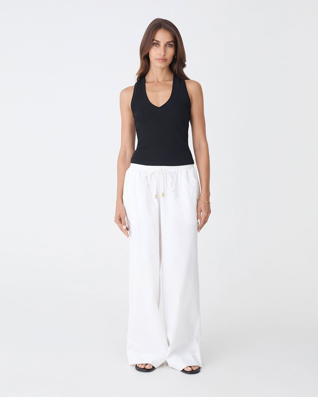 Bronte Cotton Drawstring Pants in ivory — full-length view