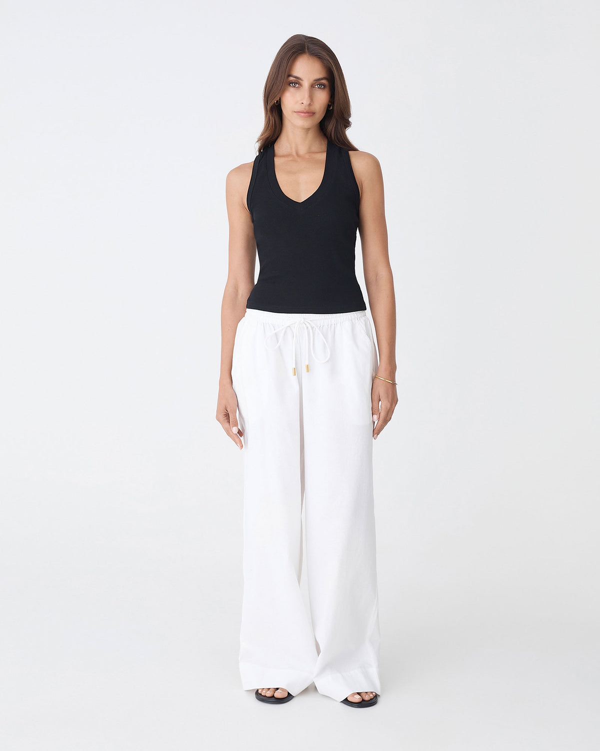 Bronte Cotton Drawstring Pants in ivory — full-length view