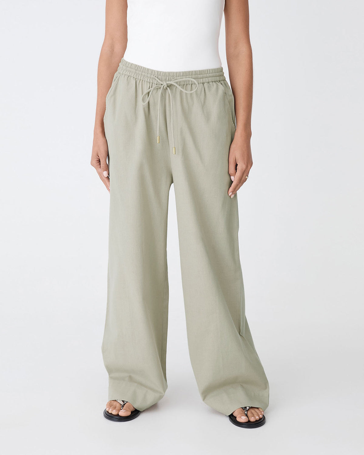 Bronte Cotton Drawstring Pants in khaki — close-up view