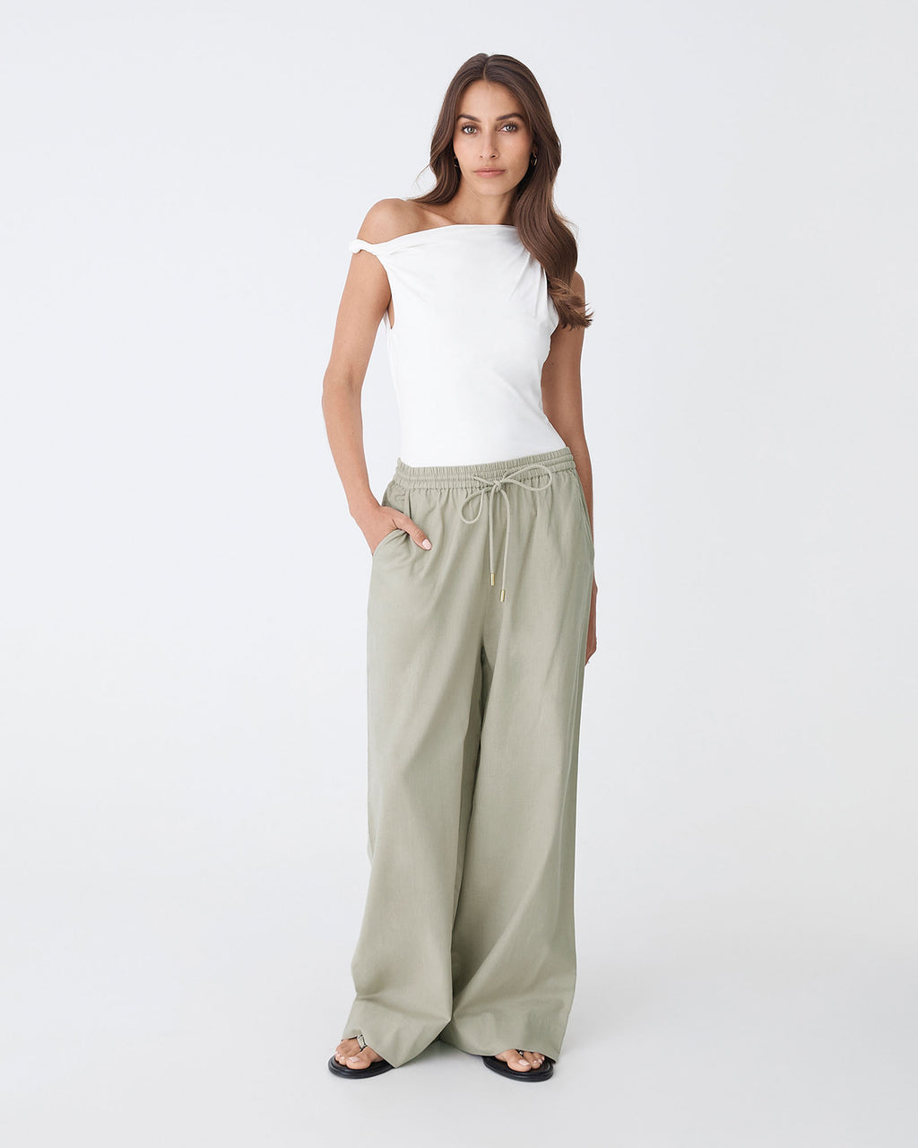 Bronte Cotton Drawstring Pants in khaki — full-length view 2