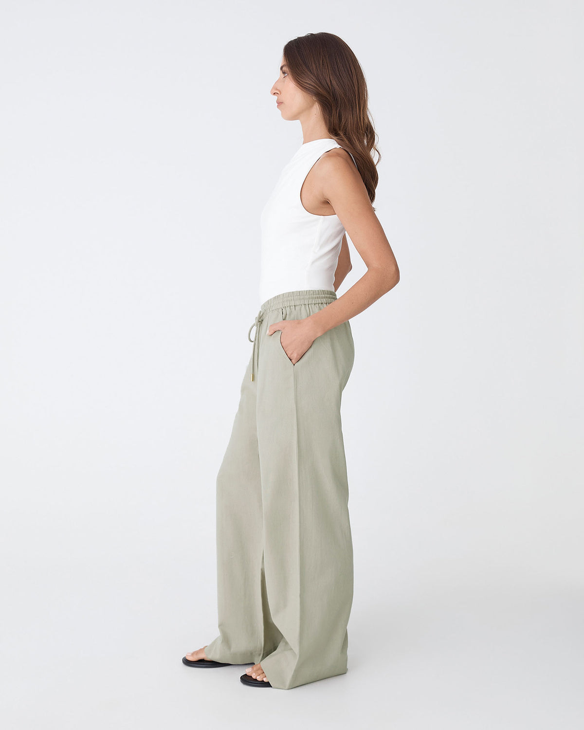 Bronte Cotton Drawstring Pants in khaki — side view