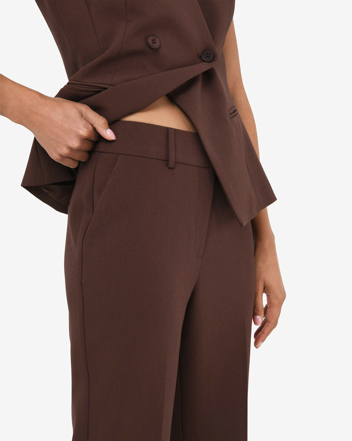 Nikki Flared Leg Pants in brown — fabric detail