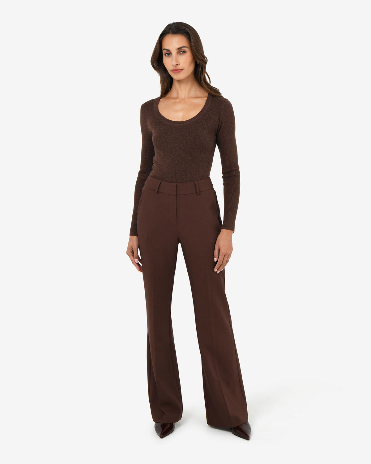 Nikki Flared Leg Pants in brown — full-length view 2