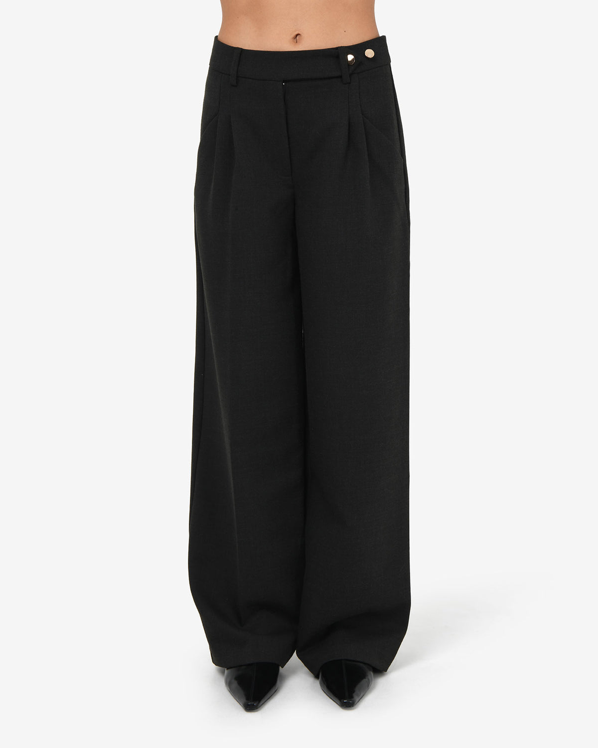 Dolly Pleated Wide Leg Pants in black — close-up view
